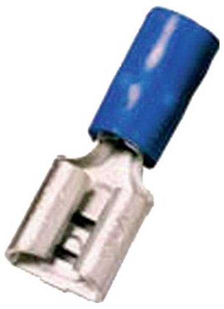 Ein blauer isolierter weiblicher elektrischer Flachstecker, der entwickelt wurde, um Drähte in elektronischen Aufbauten sicher an entsprechende männliche Stecker anzuschließen.