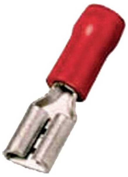 Ein roter isolierter Flachsteckhülsenstecker für Elektroverkabelung, in einem Winkel gezeigt mit einem metallischen Crimpende.