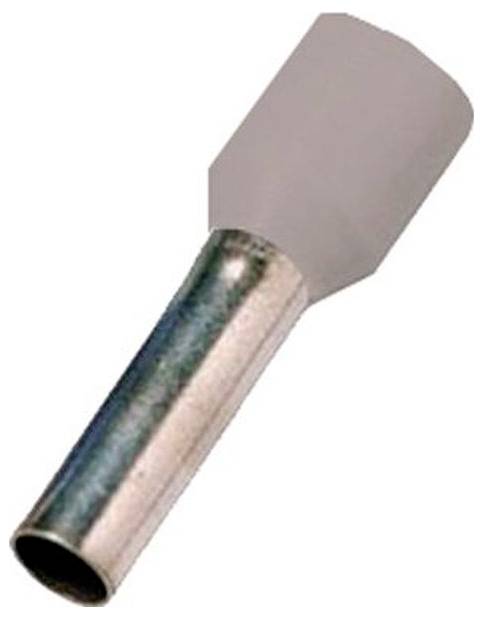 Ein Kabelverbinder mit Metallferrulle, ausgestattet mit einer grauen isolierten Oberseite und einem silbernen zylindrischen Körper, der zum Befestigen von elektrischen Leitungen verwendet wird.