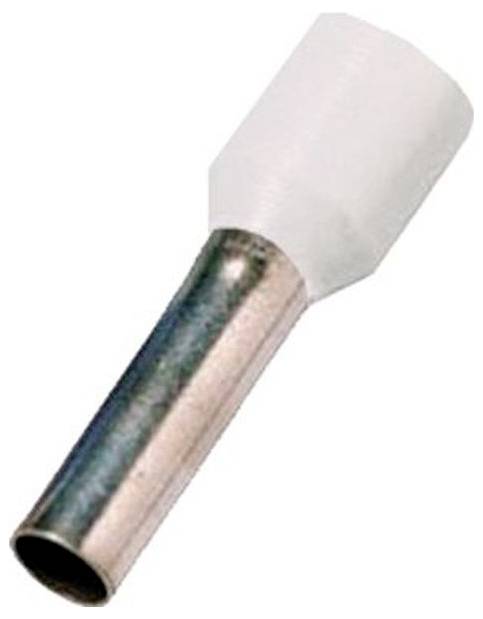 Eine metallische lötfreie Klemme mit einer weißen Kunststoff-Isolierkappe zum sicheren Verbinden von elektrischen Leitungen.