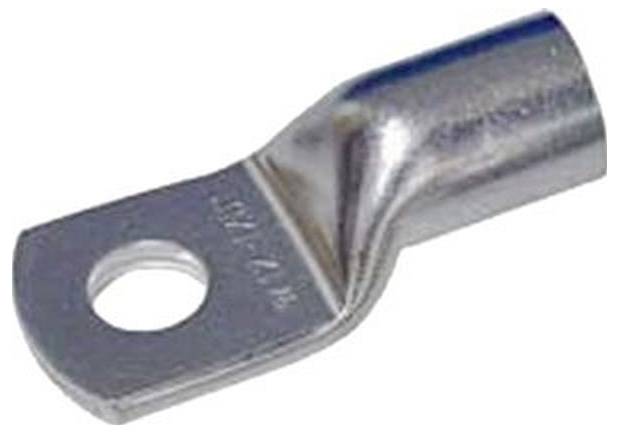 Ein metallischer Kabelschuh mit einem Loch zur Befestigung mit Schrauben, der zur Sicherung elektrischer Verbindungen verwendet wird.