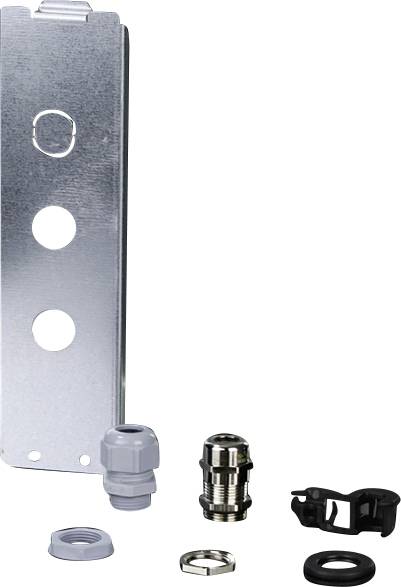 Komponenten zur Montage: eine Metallhalterung mit Löchern, Kunststoff- und Metallverbinder, eine Gummidichtung und eine schwarze Klammer.