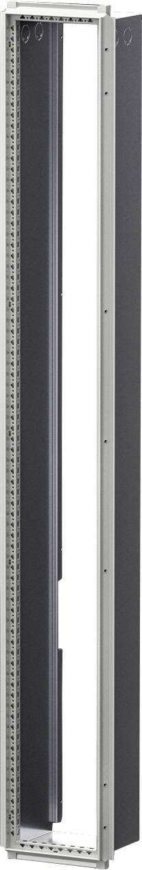 Ein hoher, leerer, grauer Serverrack mit gelochten Seitenwänden, konzipiert für die Montage von elektronischen und Netzwerkgeräten in Rechenzentren.