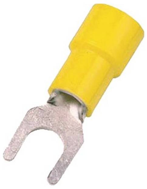 Eine gelbe isolierte Gabelklemme mit einer Metallzacke, die für elektrische Verbindungen verwendet wird.
