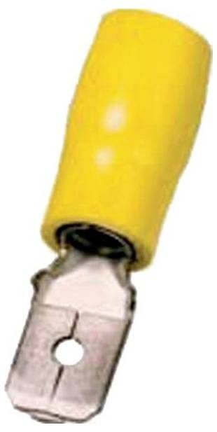 Ein gelber isolierter Metall-Anschlussverbinder mit flacher Klinge für elektrische Verkabelung.
