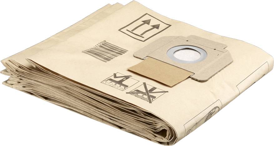 Ein Stapel Staubsaugerbeutel mit Symbolen zur korrekten Installation, Handhabung und Entsorgung.