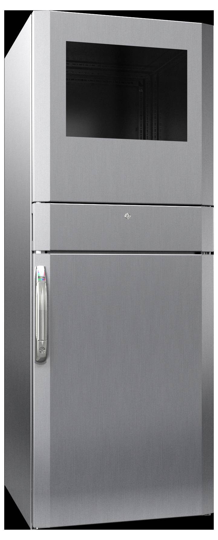 Ein Kühlschrank aus Edelstahl mit zwei Türen und einem Gefrierschrank oben. Der Griff befindet sich links, und ein digitales Bedienfeld ist sichtbar.