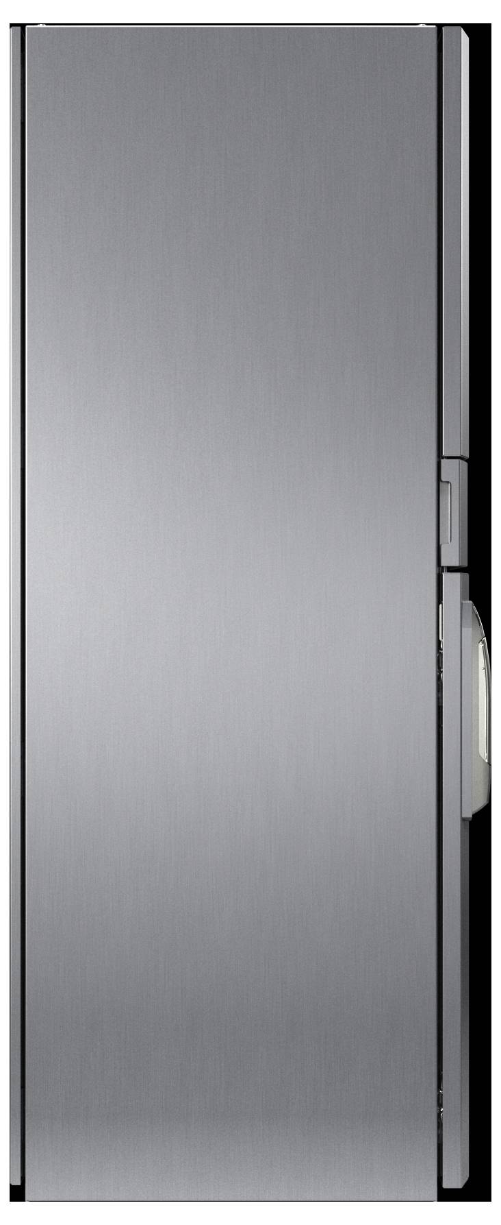 Ein schlanker, moderner Kühlschrank aus Edelstahl mit minimalistischem Design, von der Seite betrachtet.