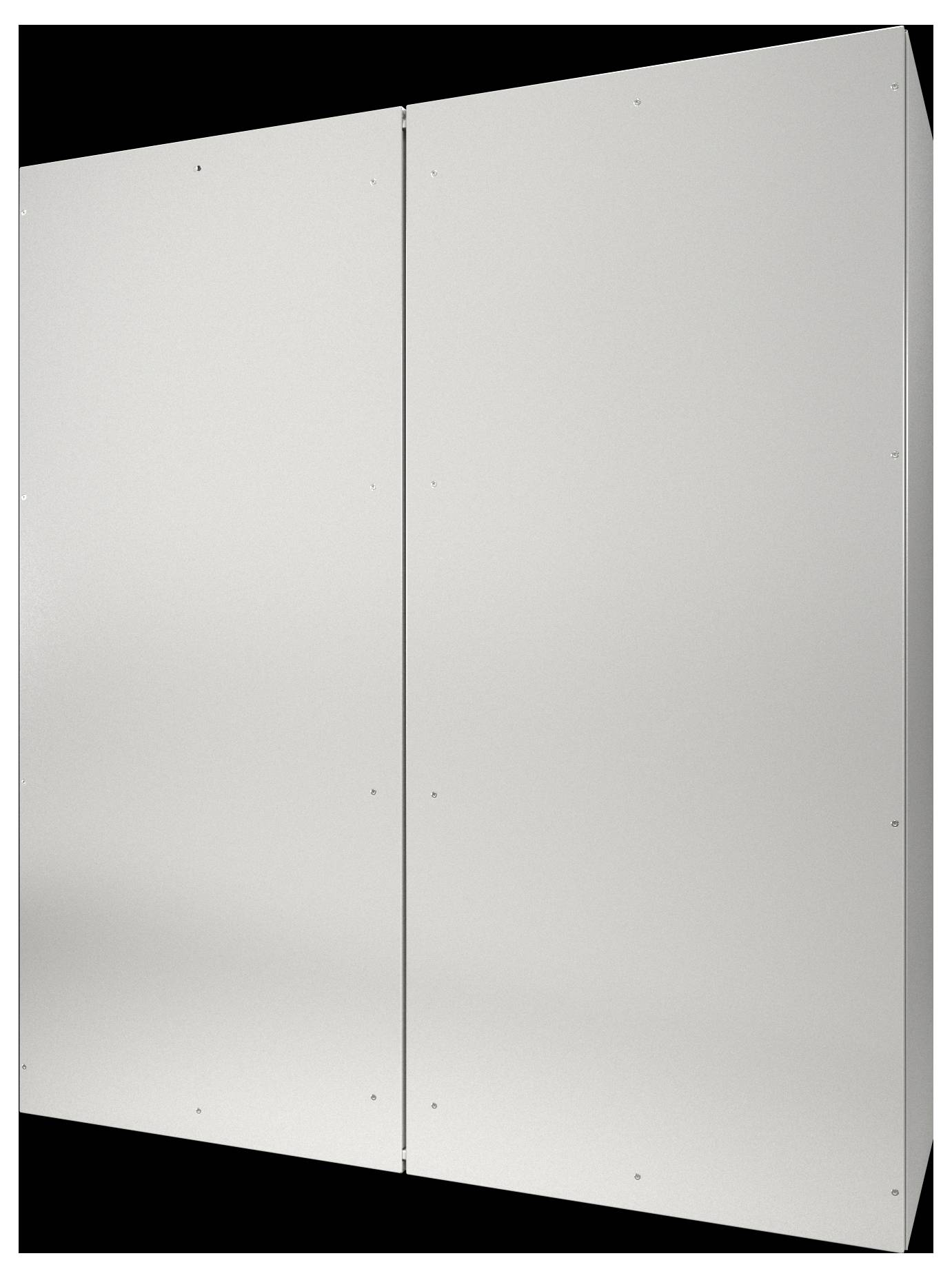 Ein großes, reflektierendes rechteckiges Metallblech mit einer glatten, glänzenden Oberfläche, das vertikal vor einem schwarzen Hintergrund montiert ist.