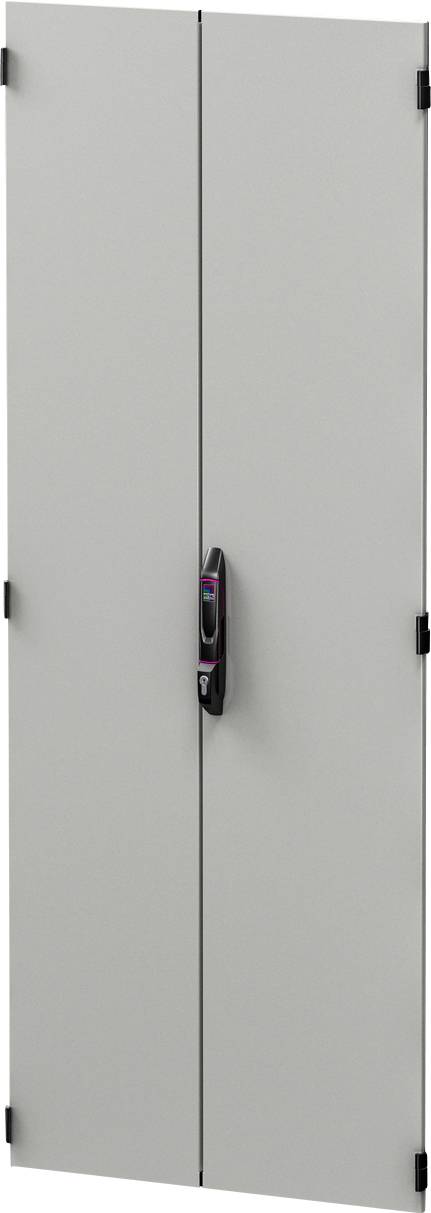 Ein hoher, geschlossener, grauer Metallschrank mit einem zentralen Griff. Der Schrank hat ein schlankes Design und schwarze Scharniere an den Seiten.