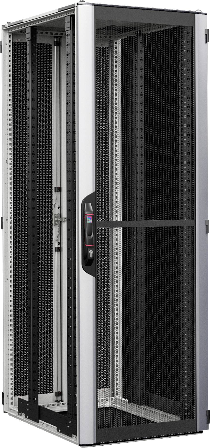 Ein hoher Serverrack mit einer Gittertür, entwickelt zur Unterbringung von Netzwerkausrüstung, ausgestattet mit einem sicheren Verschlussmechanismus und Belüftung.