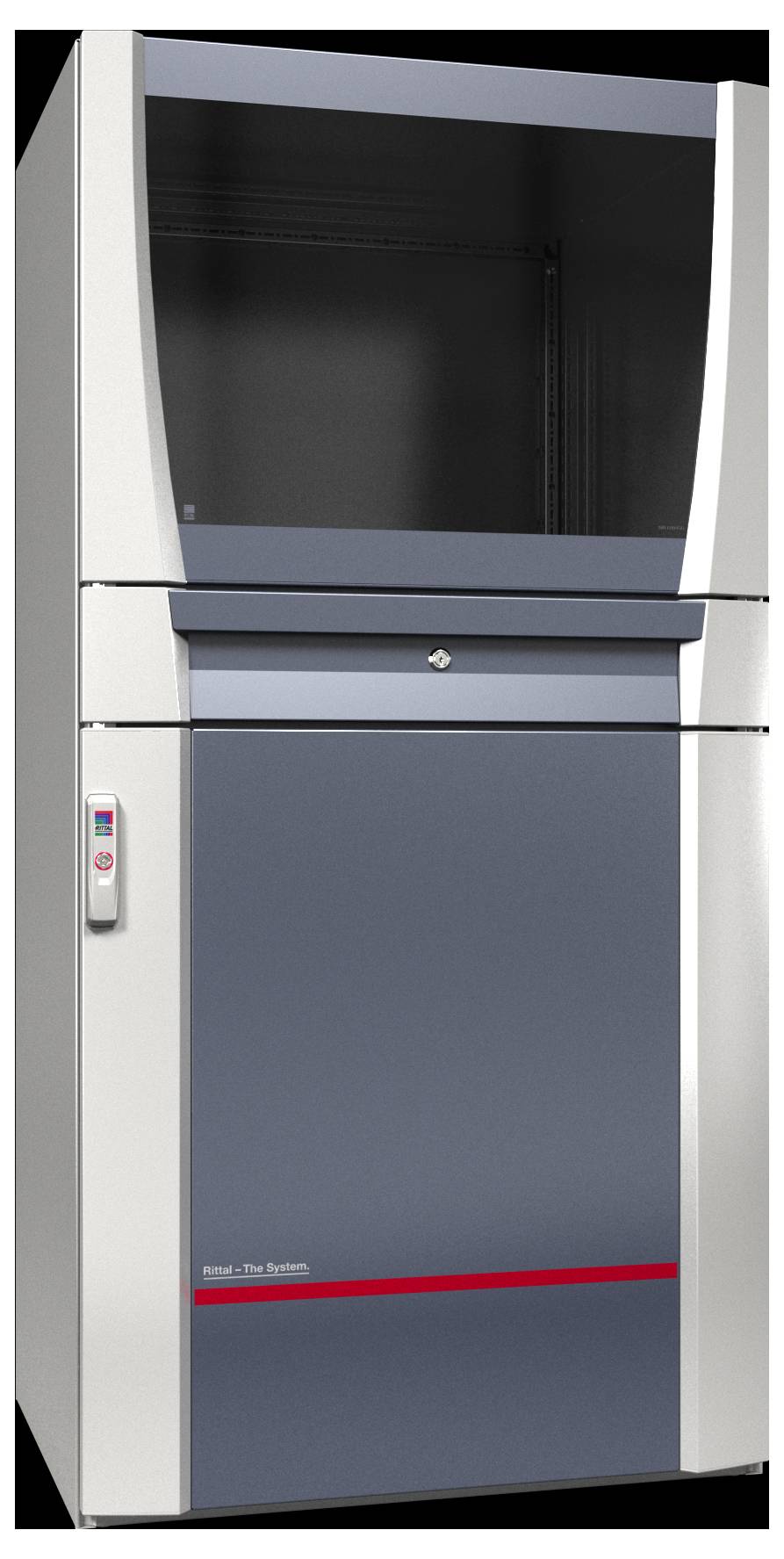 Ein hoher, grauer Aktenschrank mit einem digitalen Schloss an der Seite und einer roten horizontalen Linie am unteren Rand, konzipiert für sichere Aufbewahrung.