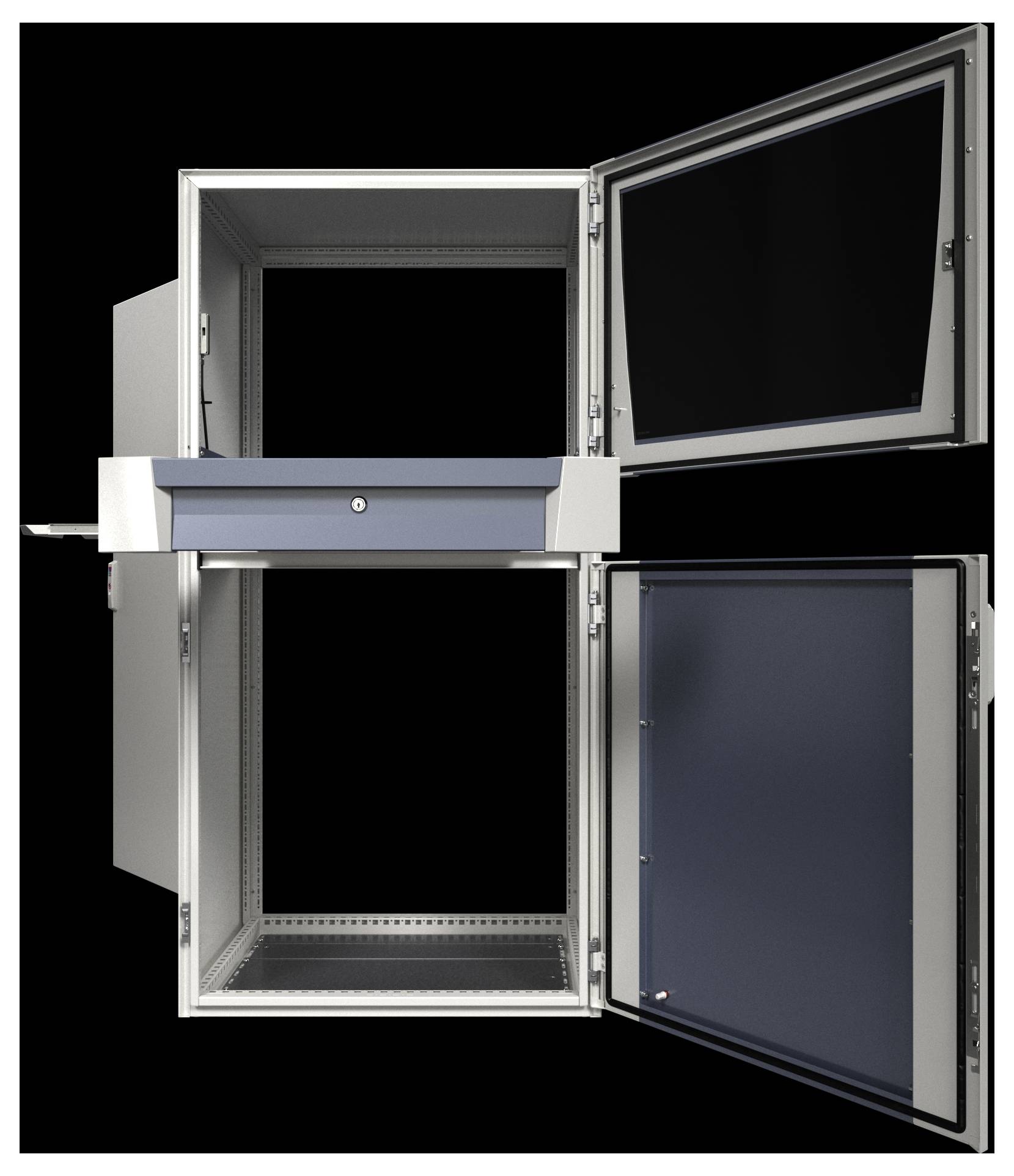 Industrieller Metallschrank mit zwei offenen Türen und einer Schublade, der Innenabteile und ein schlankes, modernes Design vor einem schwarzen Hintergrund zeigt.