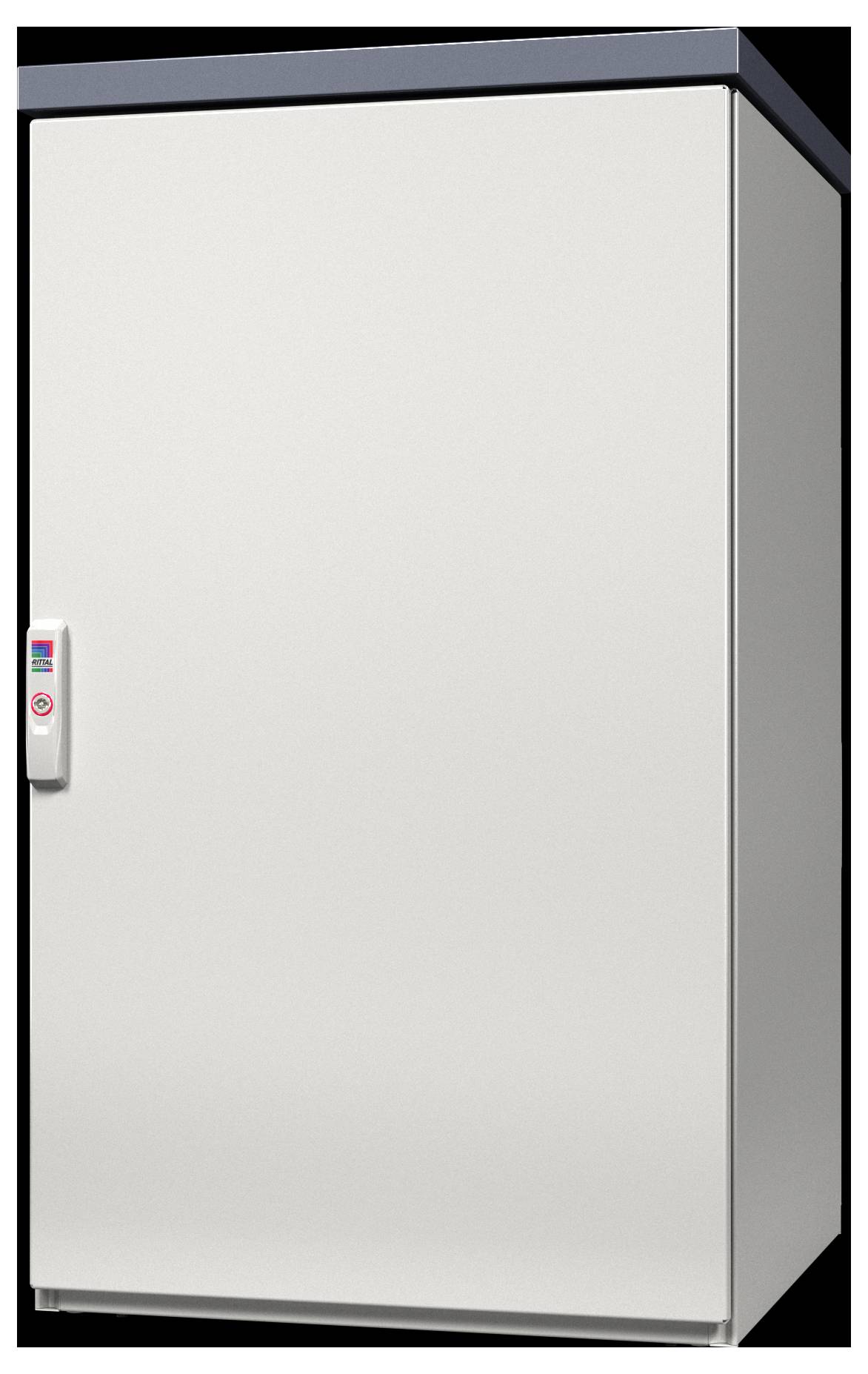 Ein weißer, rechteckiger Elektroschrank mit dunkler Oberseite und einem Griff mit farbigen Tasten, für den Einsatz in Innenräumen konzipiert.