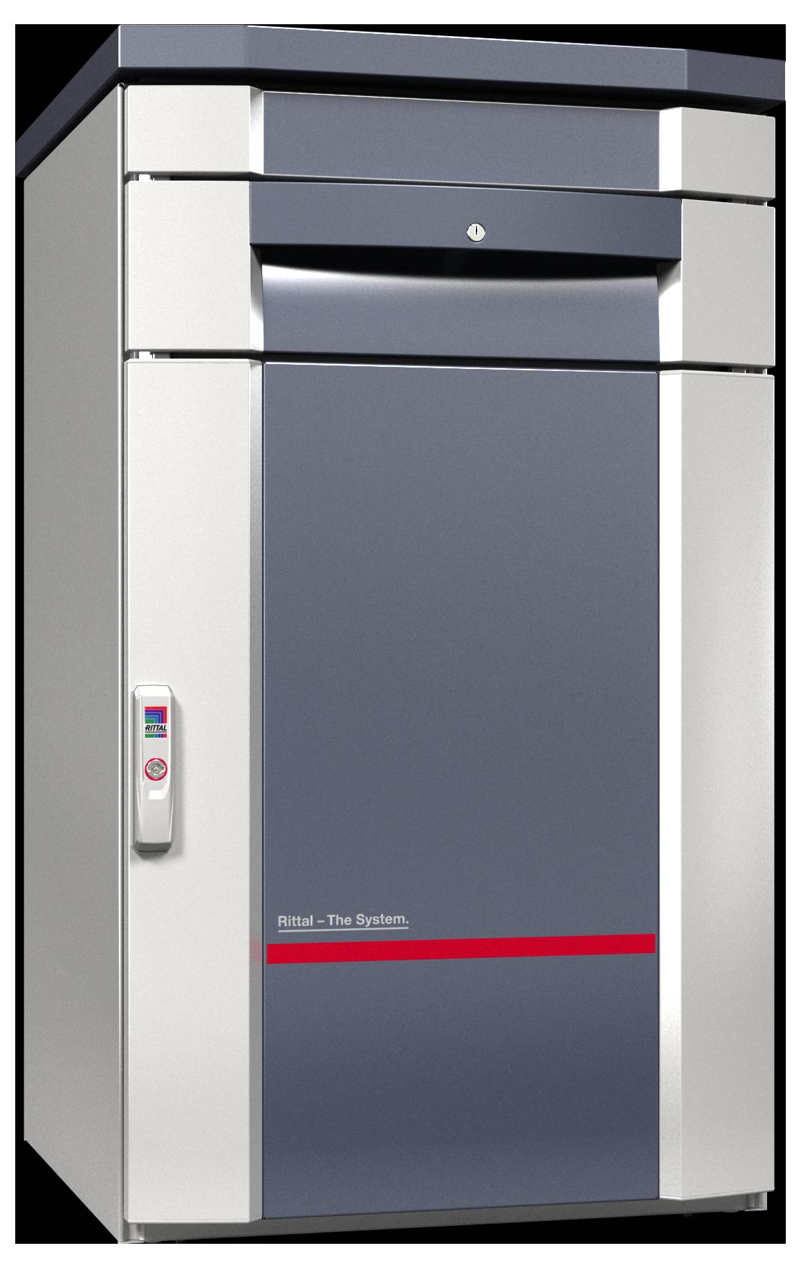 'Rittal TS 8 Gehäuse': Ein robustes, metallisches Elektrogehäuse mit einem sicheren Verschluss, entwickelt zum Unterbringen und Schützen von elektrischen Komponenten.