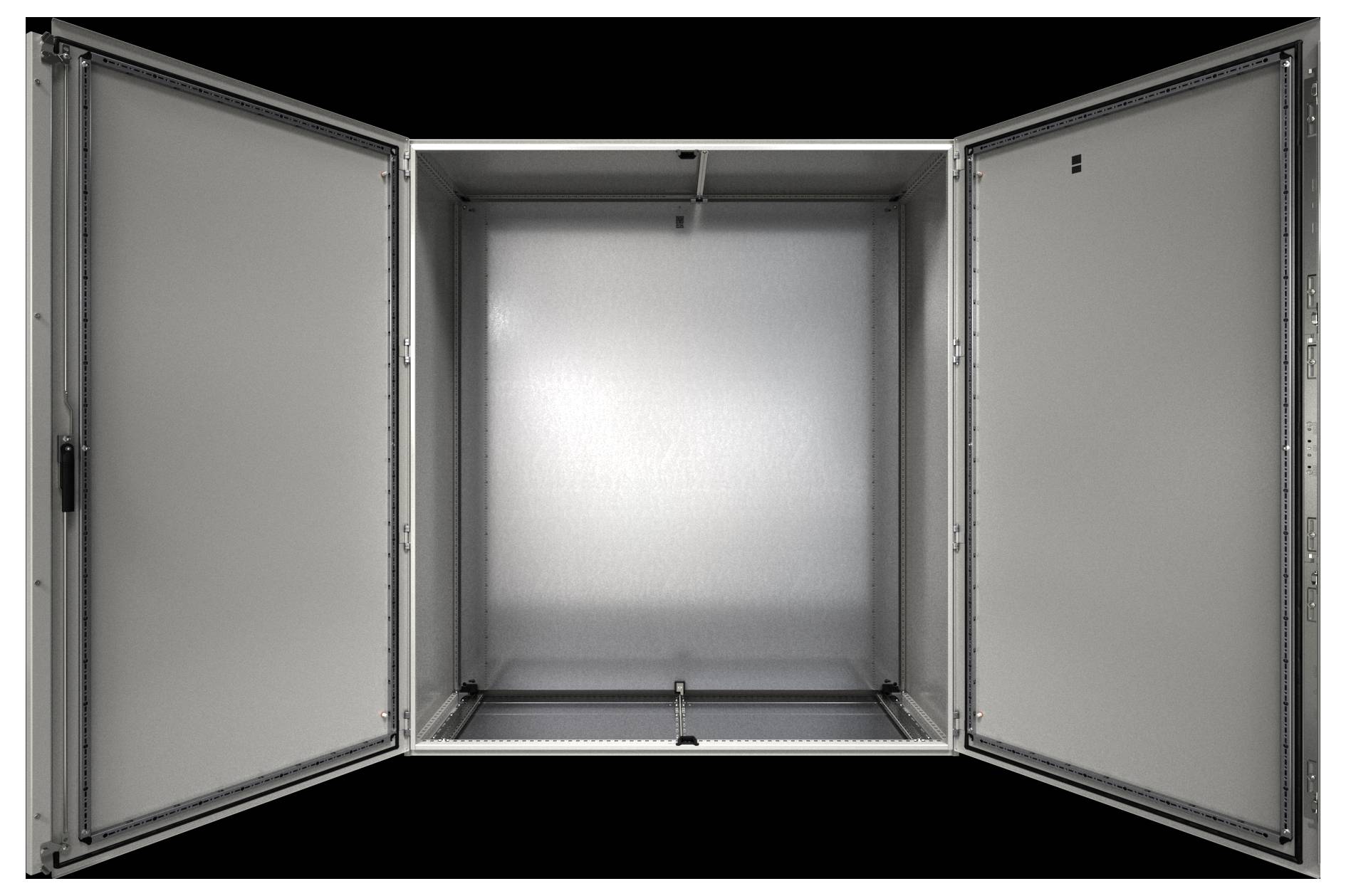 Ein Metallschrank mit zwei offenen Türen, der ein leeres Inneres offenbart. Die Oberfläche des Schranks ist glatt und metallisch, vor einem schwarzen Hintergrund.