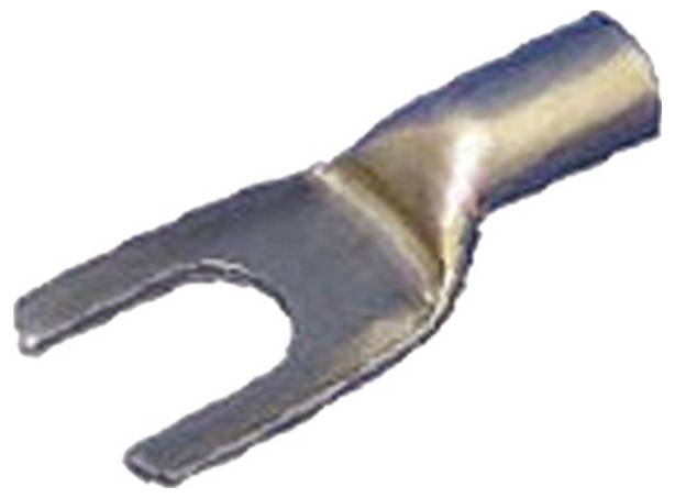 Eine Gabel-Klemme aus Metall mit einer zylindrischen Hülse, die zum Anschließen von Drähten an einen Bolzen oder eine Schraube verwendet wird.