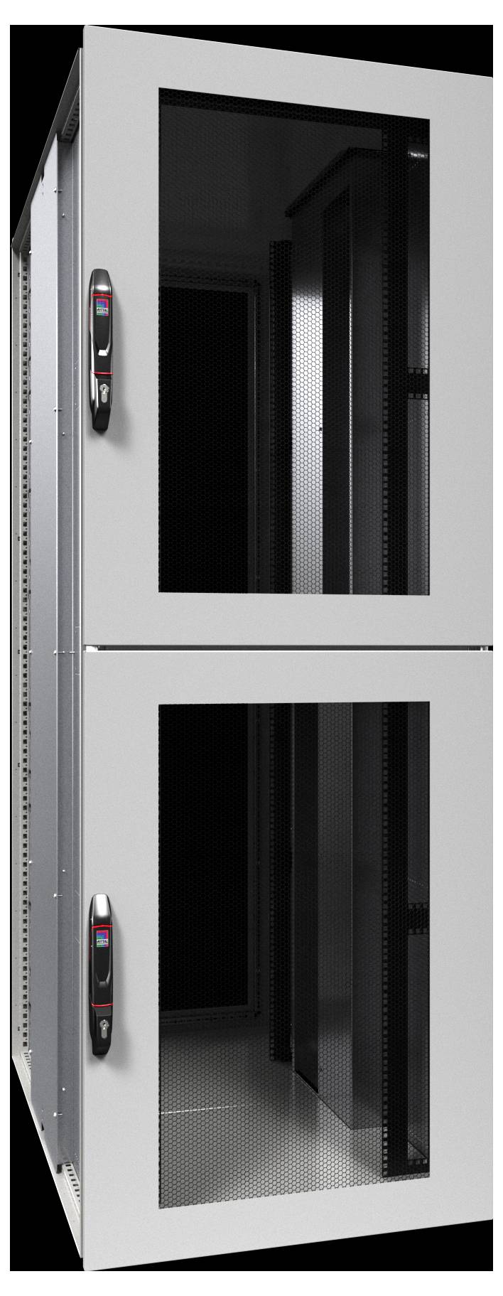 Ein hoher, grauer Serverrack mit zwei Fächern, ausgestattet mit transparenten Türen und digitalen Kontrollpanels auf jeder Tür.