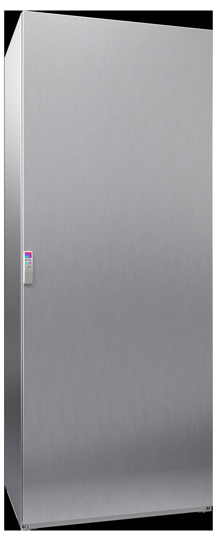 Ein Kühlschrank aus Edelstahl mit elegantem, modernem Design und einem vertikalen Griff auf der linken Seite, der vor einem schlichten schwarzen Hintergrund platziert ist.