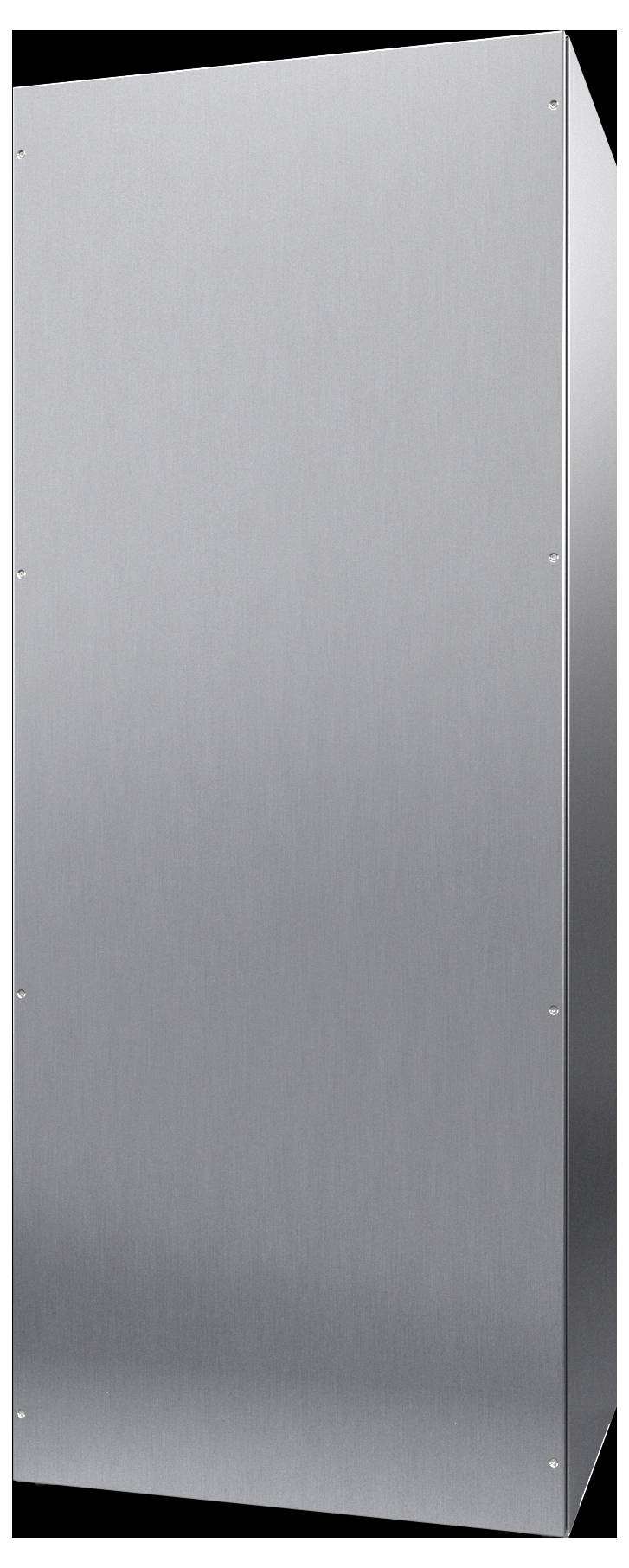 Eine große, schlichte Metallbox mit glatter, gebürsteter Stahlbeschichtung, die aufrecht steht. Keine sichtbaren Markierungen oder Merkmale auf der Vorderseite.