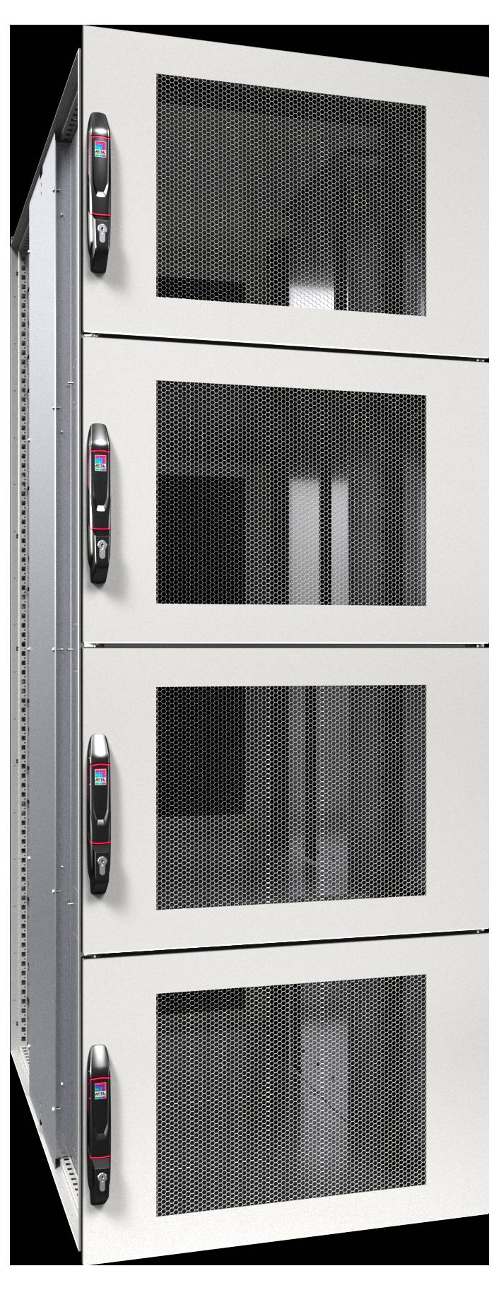 Vier gestapelte Servergestelle mit belüfteten Gittertüren, die jeweils Kontrollpanels auf der linken Seite aufweisen und zur Unterbringung von Computern verwendet werden.