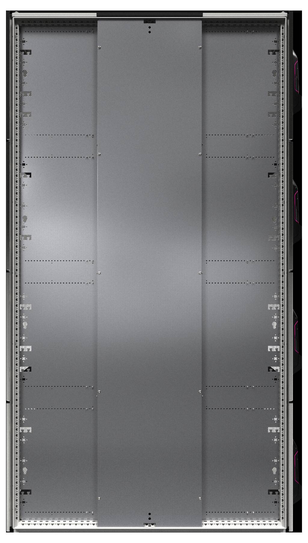 Ein hoher, leerer Metallserver-Rack mit Montgeschienen, geeignet für die Unterbringung von Netzwerkausrüstung oder Servern in einer Rechenzentralenumgebung.