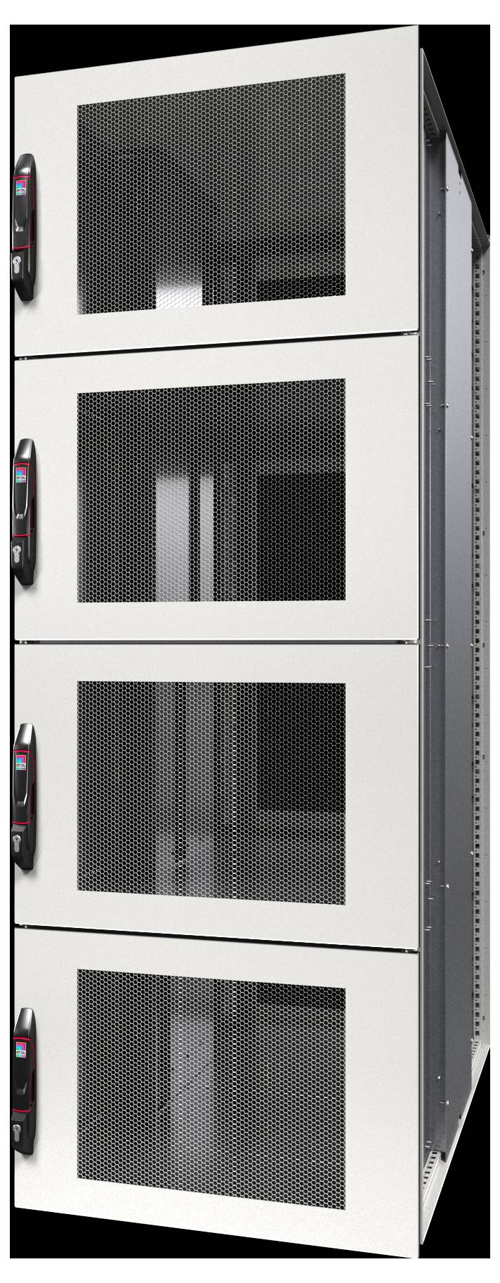 Ein schlankes, schwarz-weißes, vertikales Serverrack mit vier sichtbaren Servereinheiten, die jeweils mit Maschentüren gesichert sind, welche Innenkomponenten offenbaren.