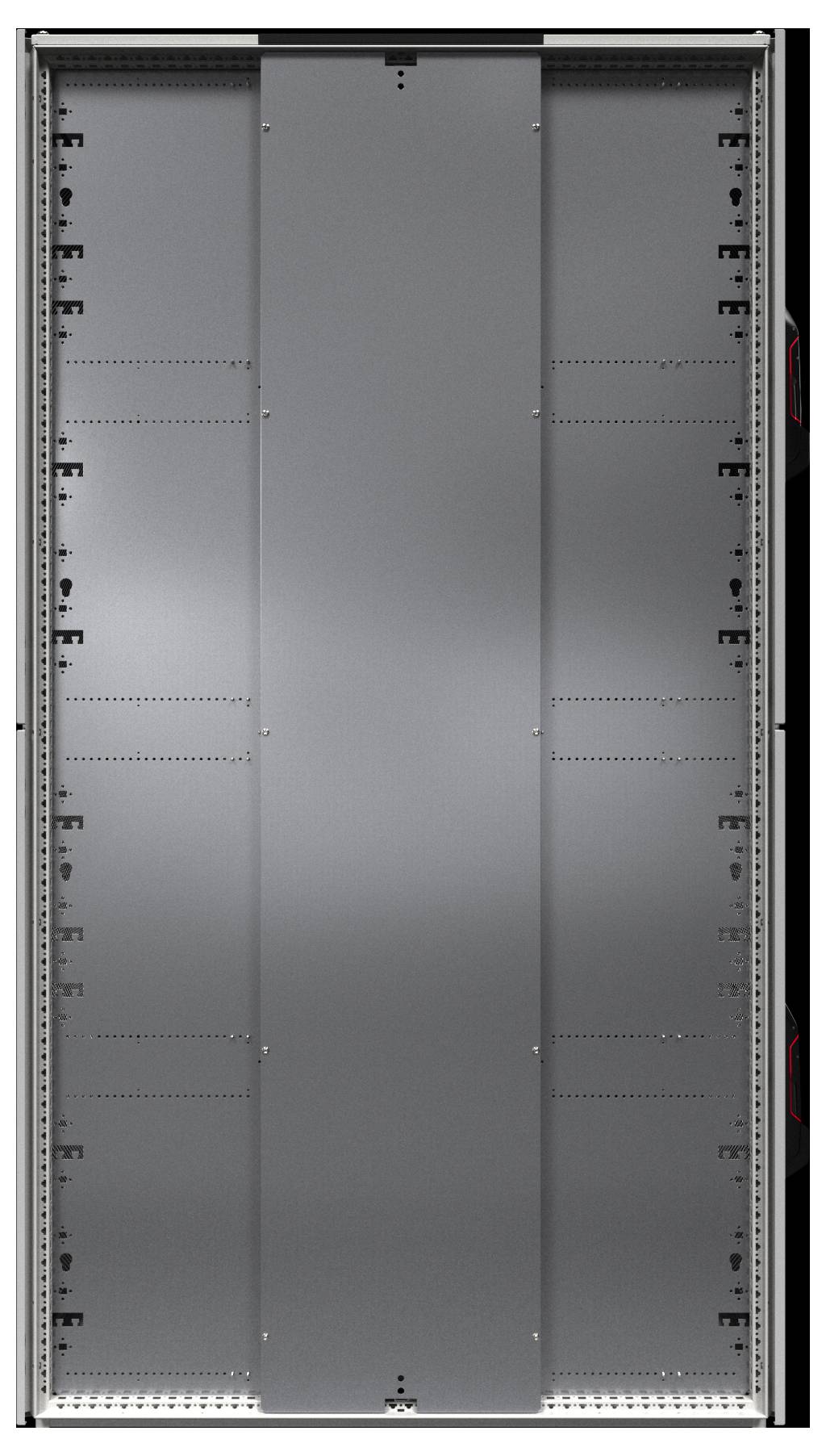 Ein großes, leeres Metallserver-Gestell mit mehreren Einschüben für Hardwareinstallation, üblicherweise in Rechenzentren oder IT-Einrichtungen verwendet.
