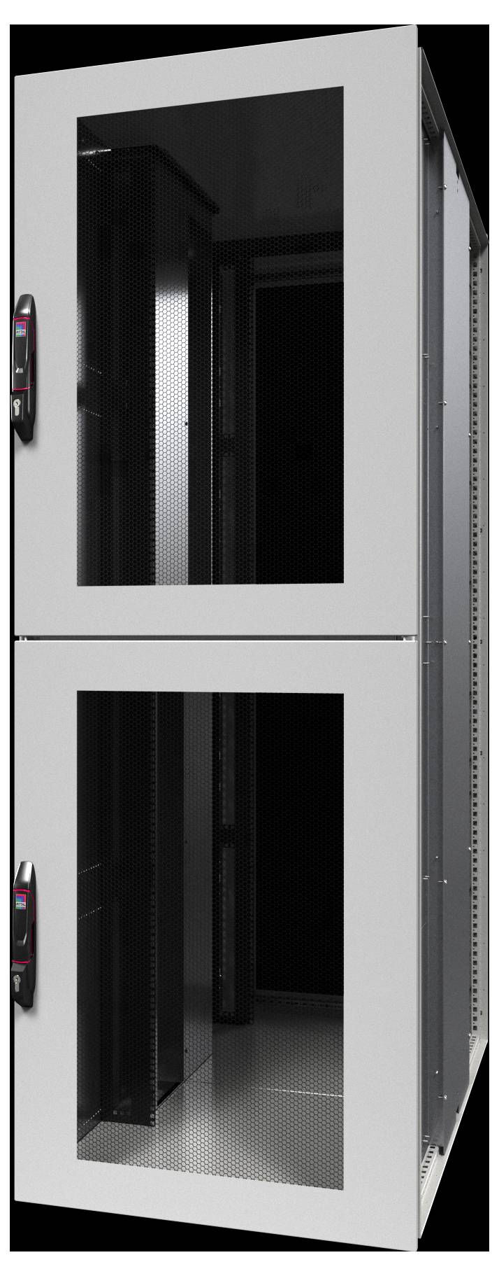 Zwei hohe, weiße Serverracks mit Glastüren und digitalen Anzeigen, senkrecht aufgestellt. Sie sind leer und zeigen die Innenregale.
