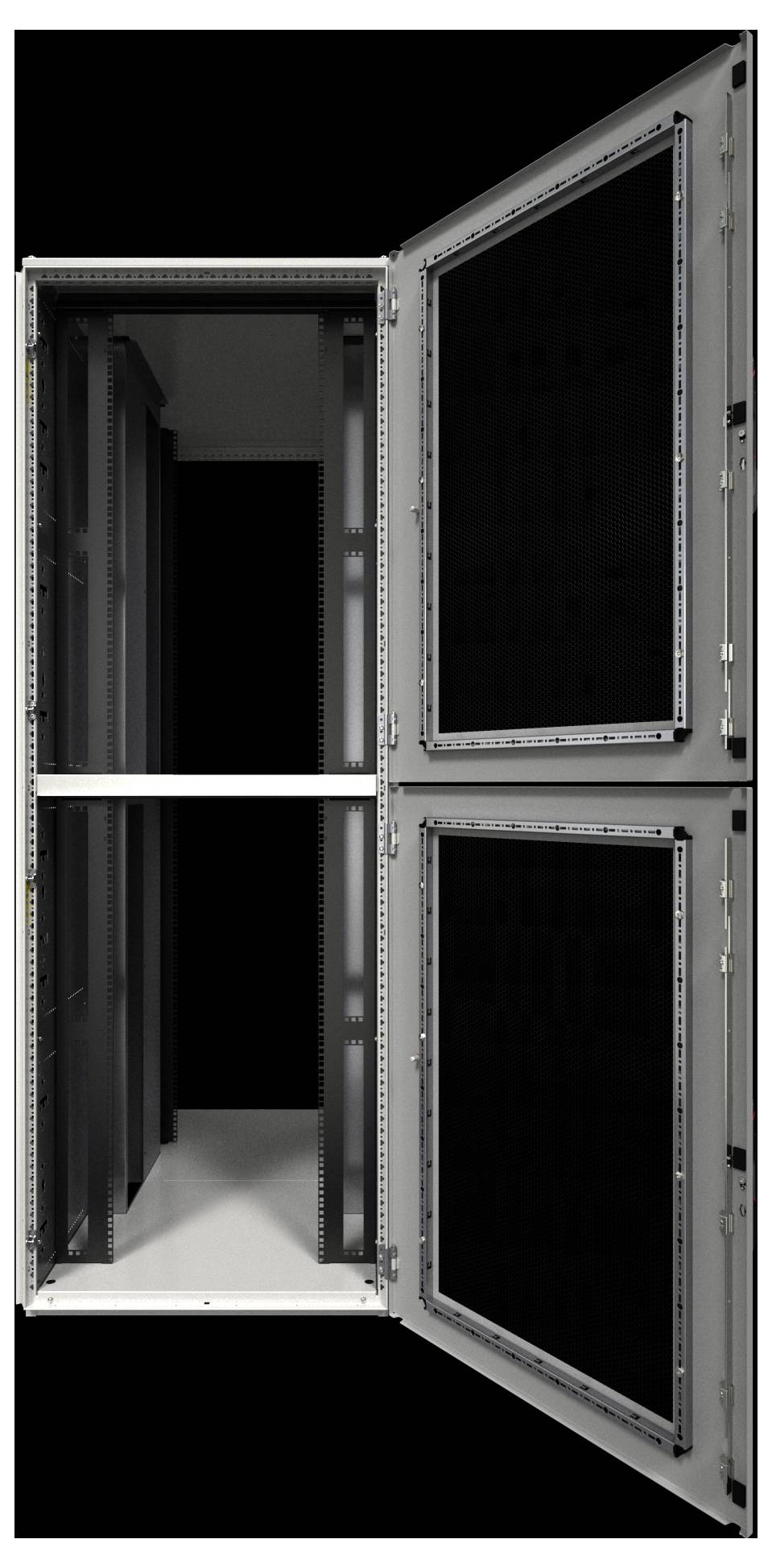 Offener Serverrack mit Seitenpanels, vertikal in zwei Abschnitte geteilt. Enthält Metallrahmen und leere Einschübe zum Installieren von Geräten.