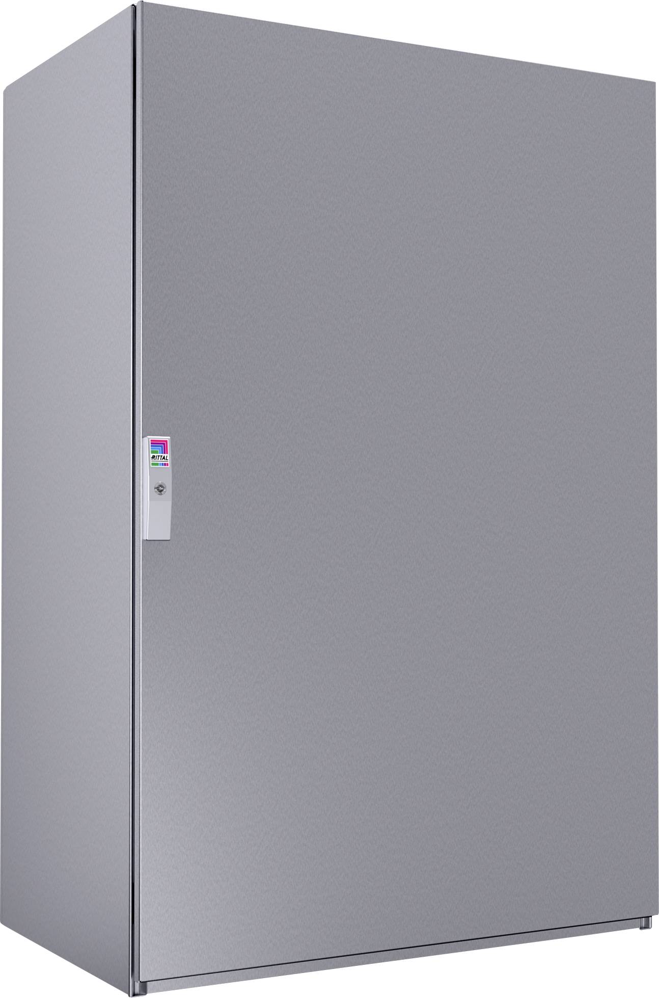 Metallisch grauer Industriekühlschrank mit einem vertikalen Griff links und einem kleinen Bedienfeld, das Temperatureinstellungen anzeigt.