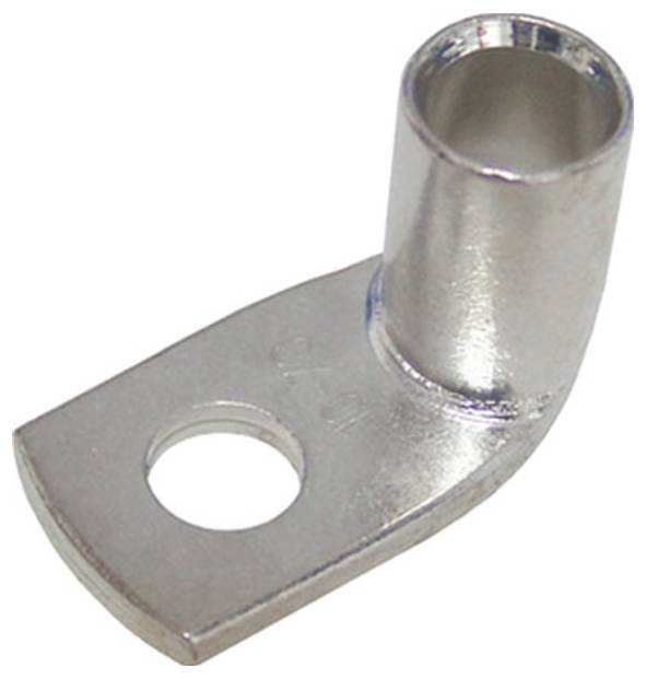 Metallanschluss mit einem zylindrischen Oberteil zum Einfügen eines Drahtes und einer flachen Basis mit einem kreisförmigen Loch zum Montieren oder Befestigen an Oberflächen.