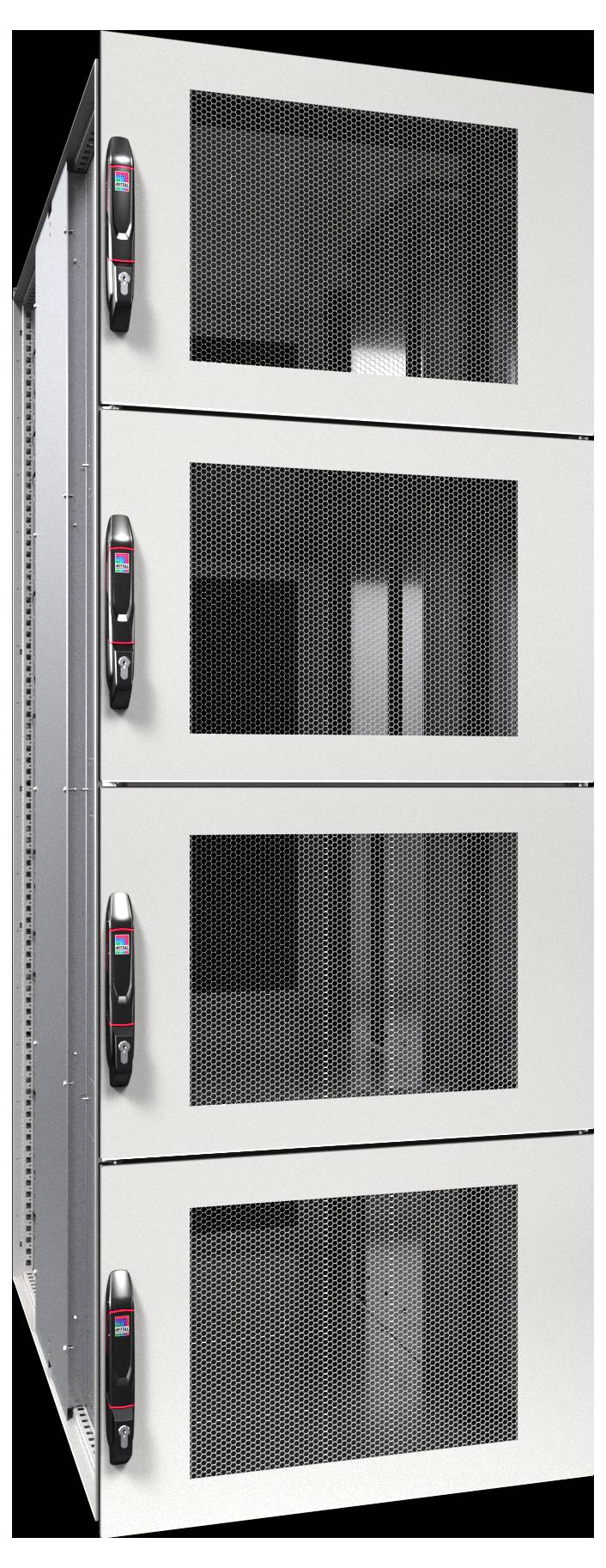 Ein hoher Serverrack mit vier Fächern, die jeweils mit einer Gittertür und digitalen Schlössern verschlossen sind und eine sichere Datenspeicherumgebung kennzeichnen.