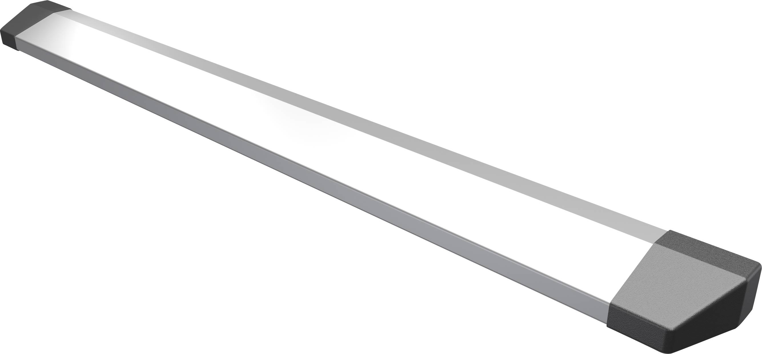Eine rechteckige LED-Leuchte mit elegantem, modernem Design, bestehend aus einem langen weißen Panel und schwarzen Endkappen.