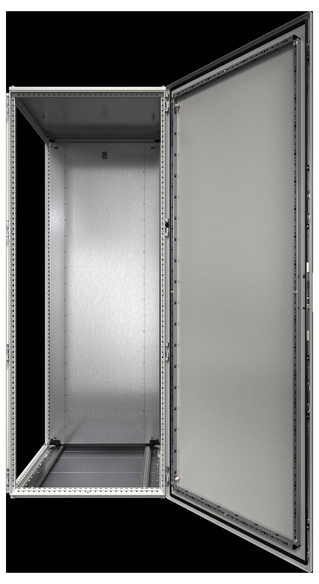 Ein hoher, offener, leerer Metallserver-Rack mit einer seitlich angeschlagenen Tür, von vorne betrachtet, vor einem schwarzen Hintergrund.