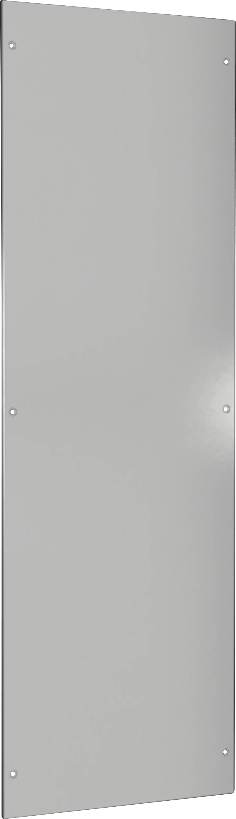Eine schlichte, rechteckige Wandplatte aus gebürstetem Aluminium mit einer glatten Oberfläche und vier abgerundeten Befestigungsschrauben, die für elektrische Installationen verwendet wird.