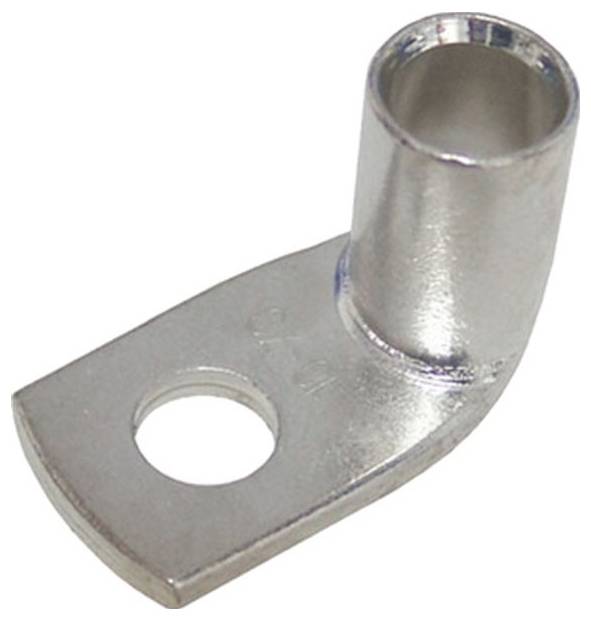 Eine metallische Kabelöse mit einem zylindrischen Rohr zur Drahtverbindung und einer flachen Basis mit einem kreisförmigen Loch zur Befestigung.