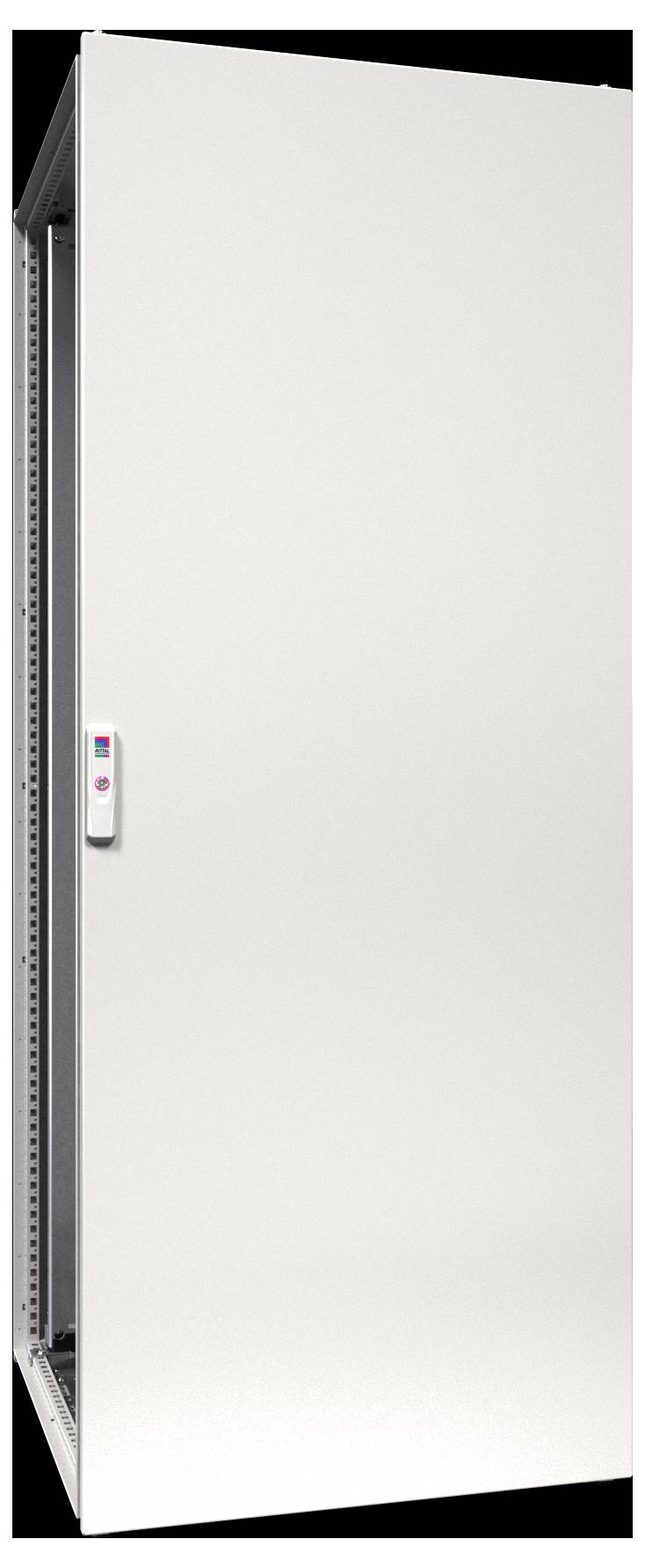 Ein hoher, geschlossener weißer Serverschrank mit einem Griff an der Tür, der wahrscheinlich zum Aufbewahren und Organisieren von elektronischer Ausrüstung in einem Rechenzentrum verwendet wird.