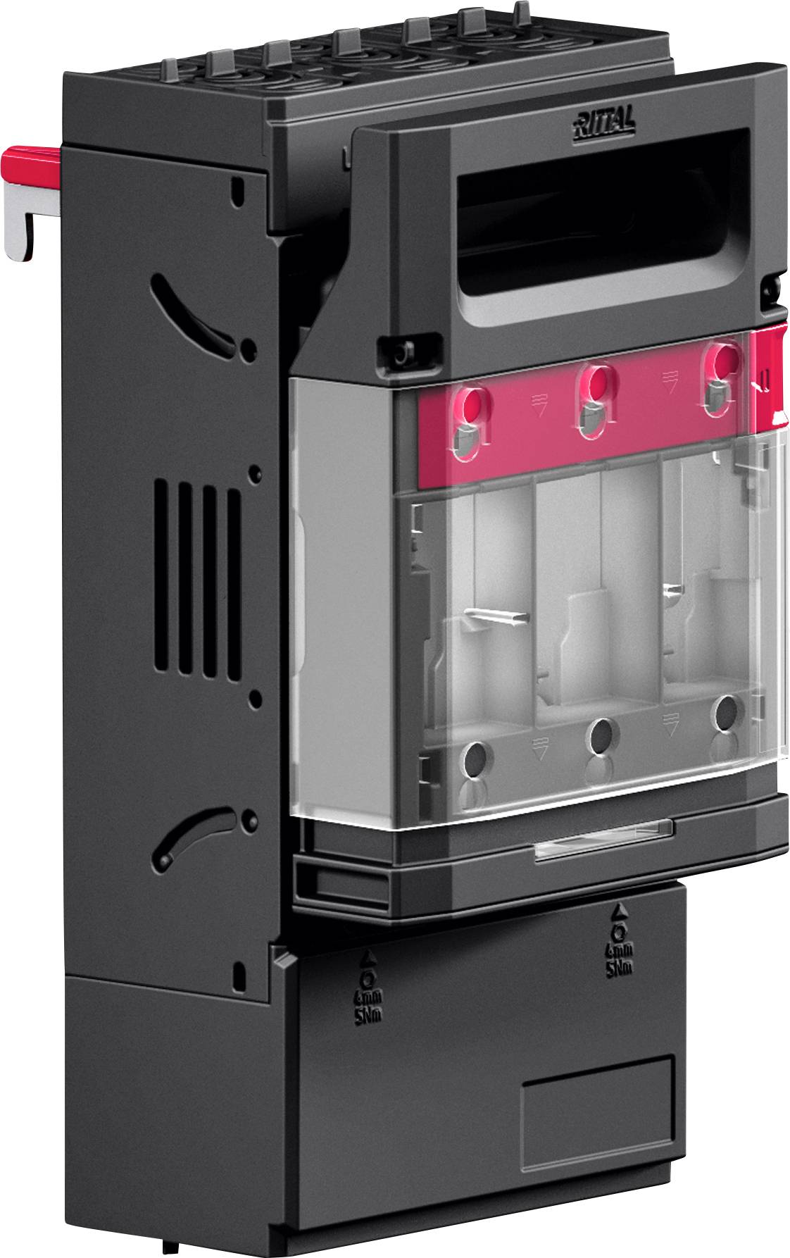 Eine elektrische oder elektronische Komponente mit Montageschlitzen, rotem Schalter, mehreren Schlitzen für Verkabelung und einem transparenten Deckel wird gezeigt.