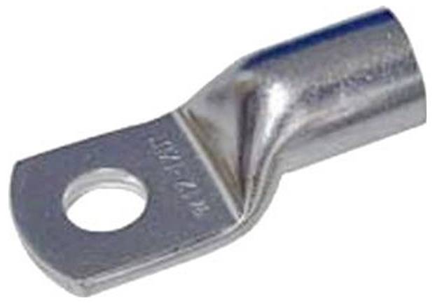 Ein Metallklemmelement mit einem Loch an einem Ende und einer röhrenförmigen Hülse am anderen Ende, das zum Verbinden von elektrischen Kabeln mit einem Anschluss verwendet wird.