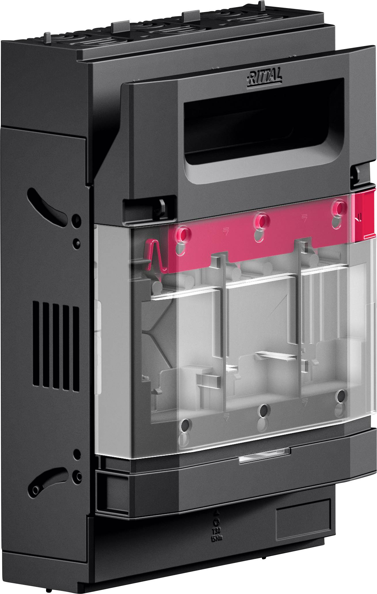 Ein schwarzes und transparentes elektrisches Gehäuse mit einer roten Komponente im Inneren, konzipiert für modulare Installation und Schutz der Schaltkreise.