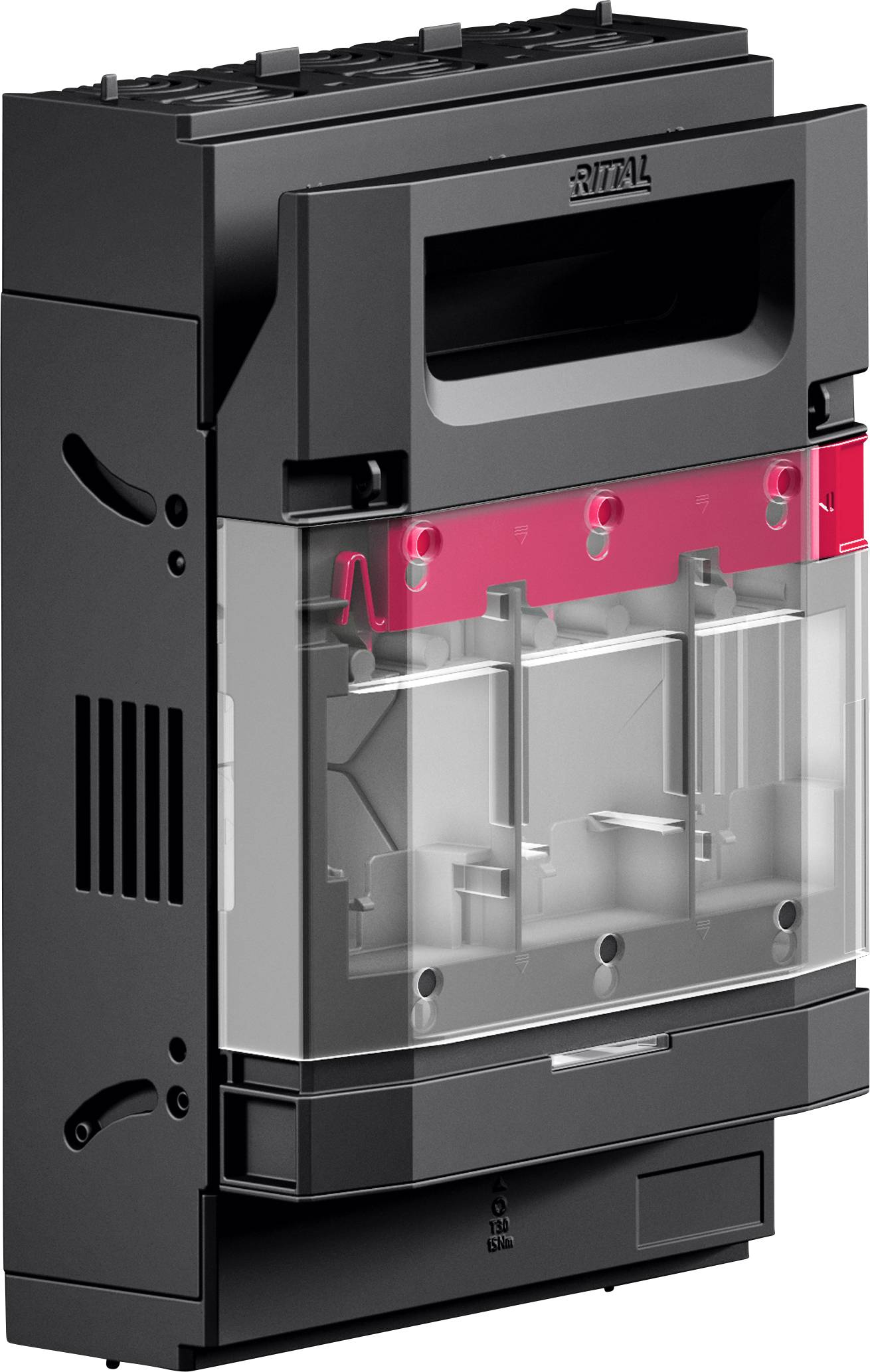 Rittal-Elektrogehäuse mit transparentem Frontpanel und roten Innenakzenten, entwickelt zur Unterbringung elektronischer Komponenten.