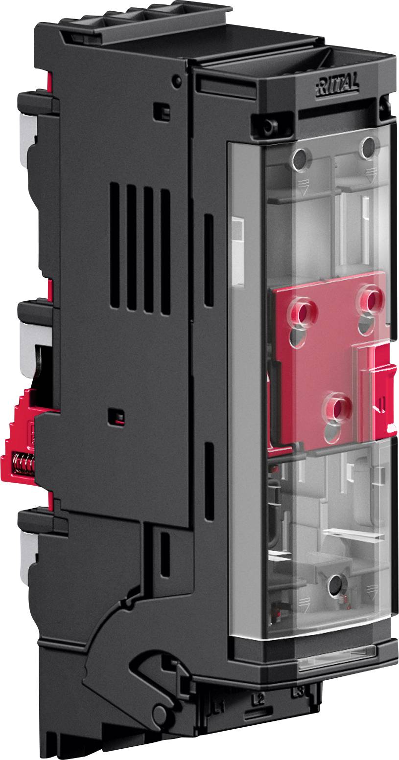 Eine schwarze und rote elektrische Komponente, höchstwahrscheinlich ein Schutzschalter oder Elektroschalter, mit transparenten Gehäuseteilen, die die inneren Mechanismen offenlegen.
