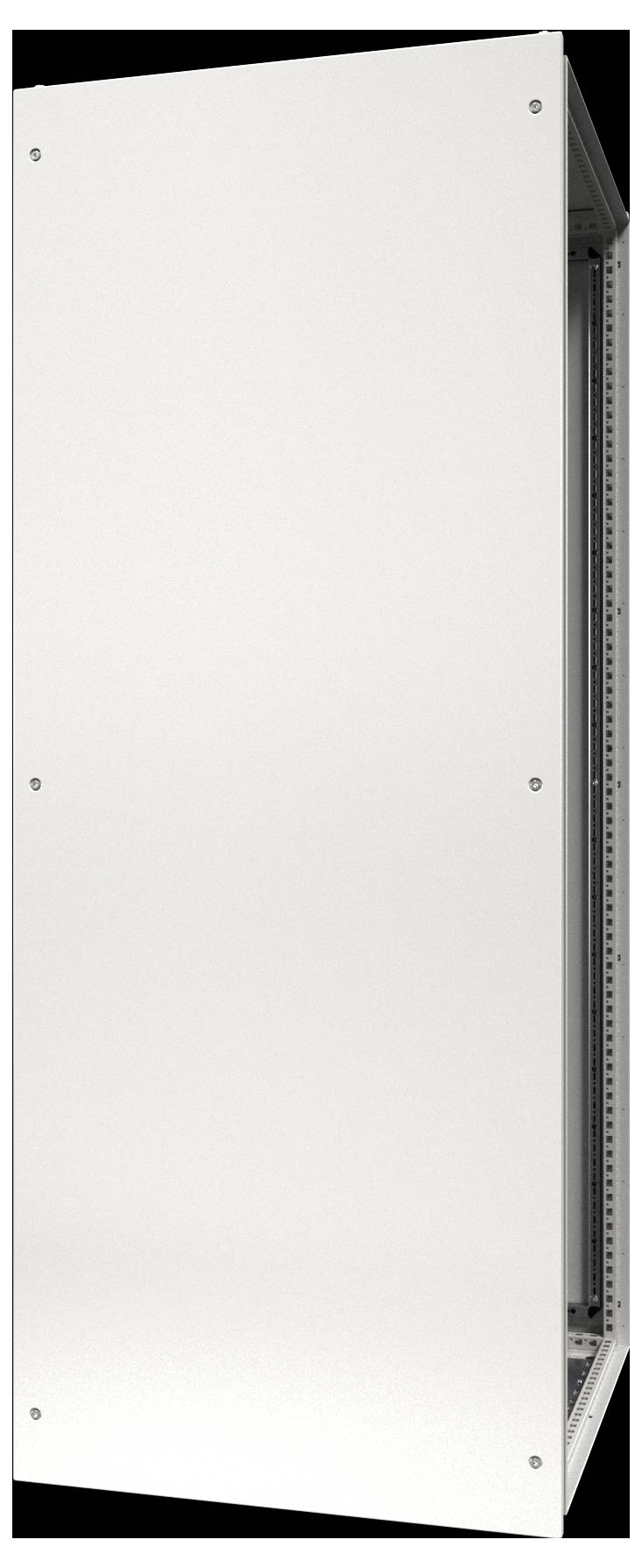 Ein hoher, schlichter, weißer rechteckiger Panel mit sichtbaren Schrauben an den Ecken, wahrscheinlich Teil einer größeren industriellen Struktur oder Einhausung.