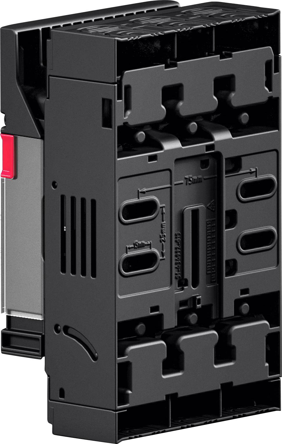 Montagegerät mit mehreren Schlitzen und Markierungen, konzipiert für elektrische oder mechanische Komponenten, in Schwarz- und Grautönen.