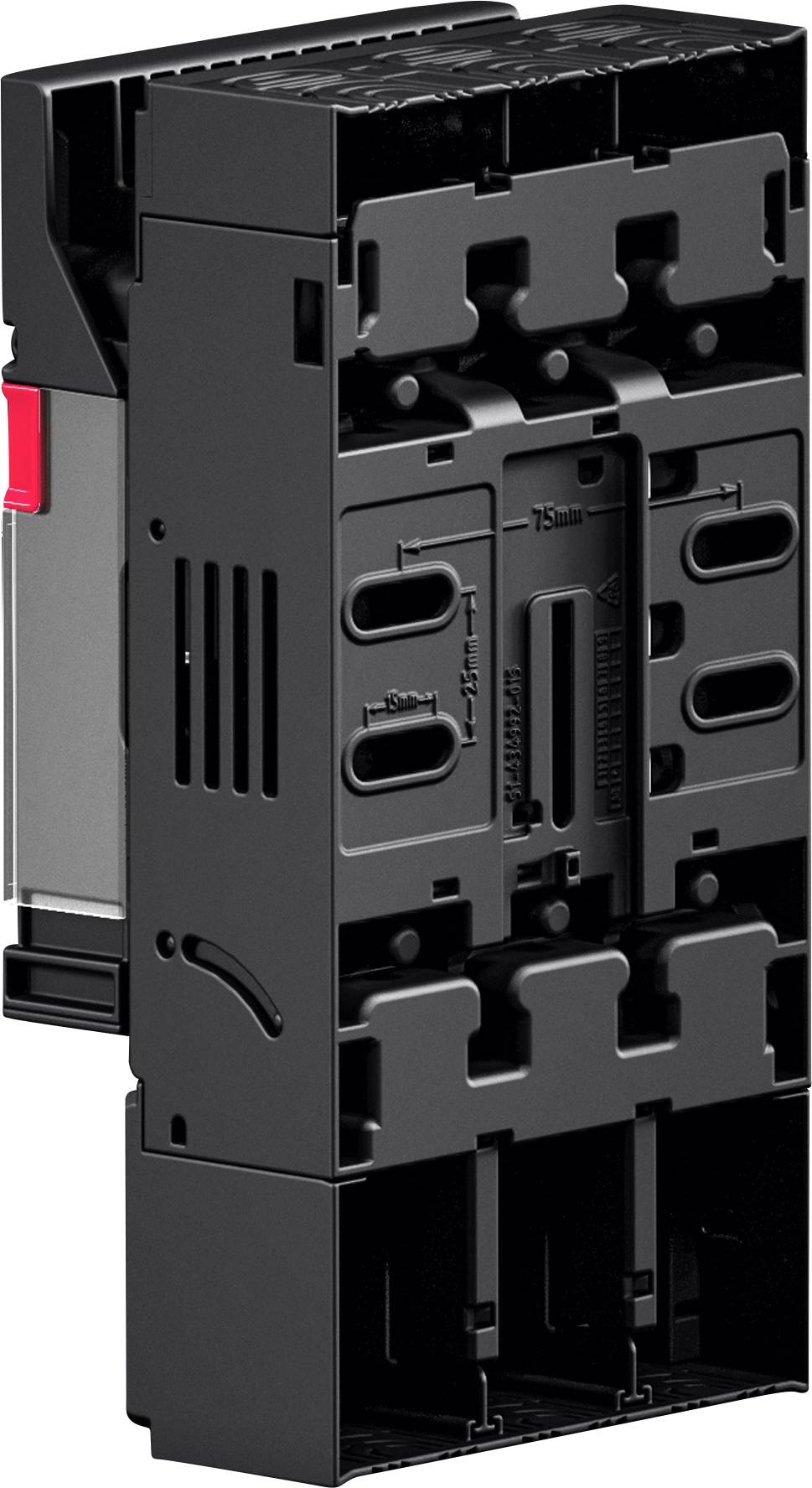 Eine schwarze modulare Elektrische Komponente mit beschrifteten Anschlüssen und Verriegelungsmechanismen, entwickelt für industrielle oder technische Anwendungen.