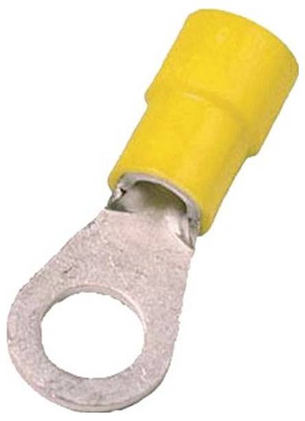 Gelbe isolierte Ringkabelschuh, der zum Anschließen von elektrischen Leitungen verwendet wird, mit einer runden Metallschlaufe und einer Kunststoffummantelung für Sicherheit.