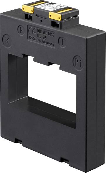 Ein schwarzer rechteckiger Stromwandler mit einer quadratischen Öffnung und gelben Anschlüssen, beschriftet mit 'GNW-MC 100A IEC 185 Made in Germany'.