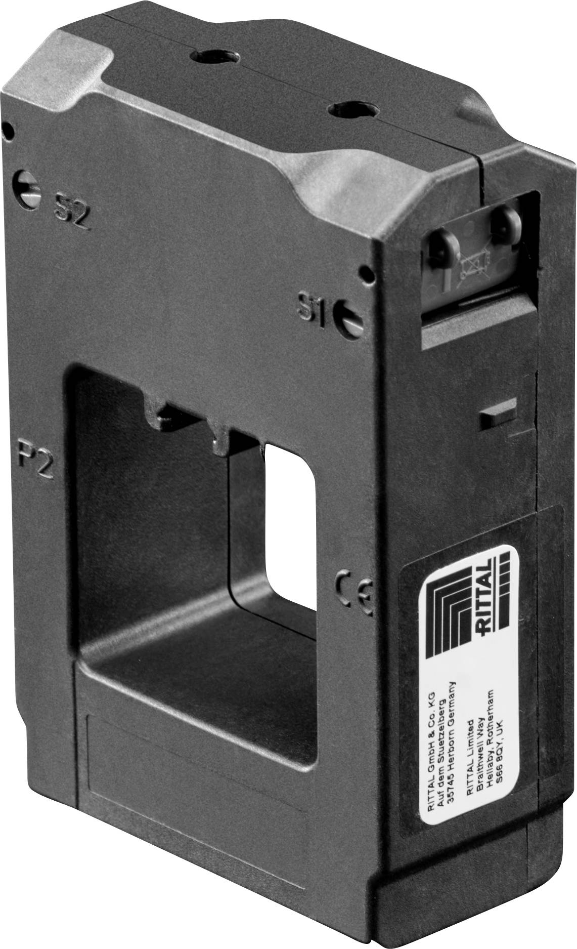 Eine schwarze, rechteckige Industriekomponente mit Hohlraum in der Mitte und Beschriftung, mit zwei Anschlüssen, die mit ‚S1' und ‚S2' gekennzeichnet sind.