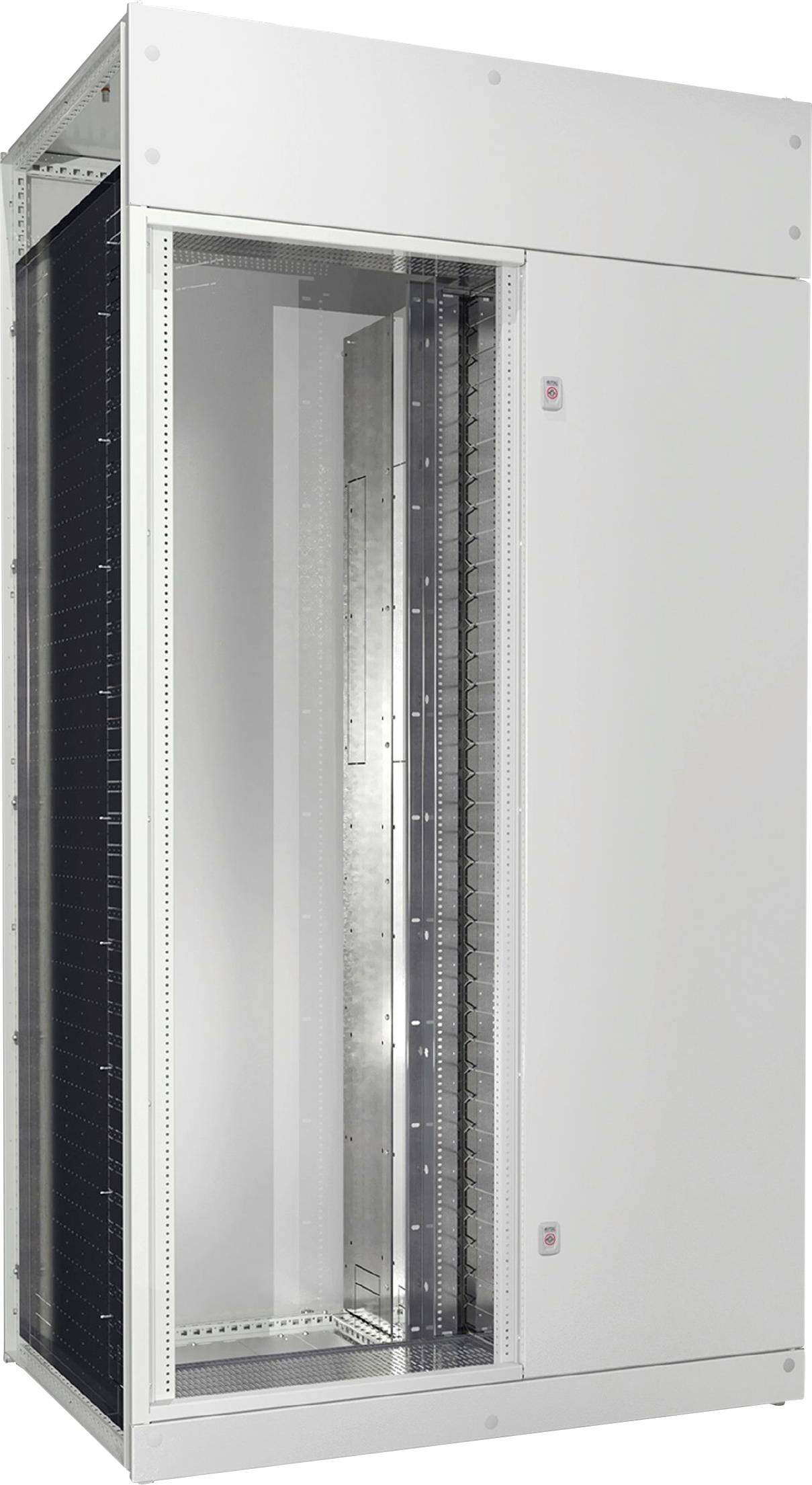 Ein leeres weißes Serverrack, das vorne offen ist und das innere Metallgerüst und die Montageschienen zeigt, geeignet zur Unterbringung von Netzwerkausrüstung.